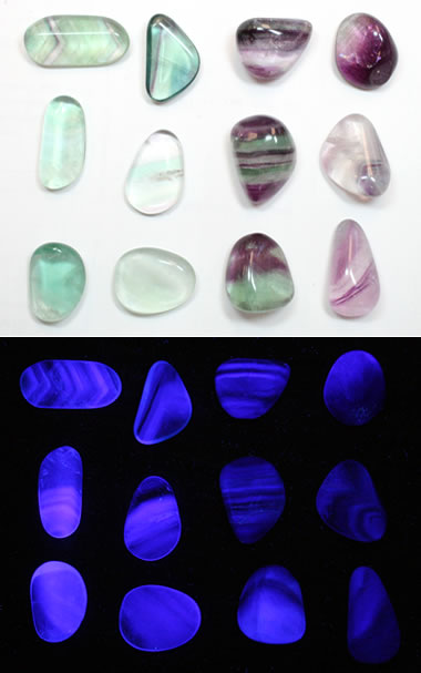 矿石在不同波长紫外线灯下的效果